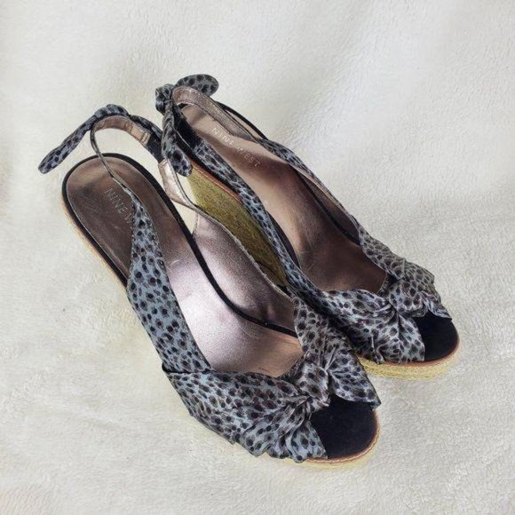 Nine West Grey Satin Animal Print Bow Slingback Platform Espadrille Shoes 10M - Picture 1 of 8
